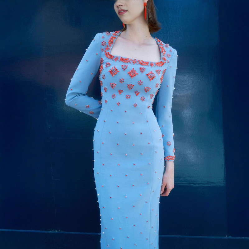 Spot 2025 European and American Long-Sleeved Heavy Industry Embroidered Diamond Dress Women's High-End Niche Blue Long Large Size Dress