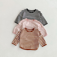 子供服秋の新作子供ストライプTシャツ男の子オフショルダーガールズボトリングシャツベビーインナーとアウターウェア春秋トップス