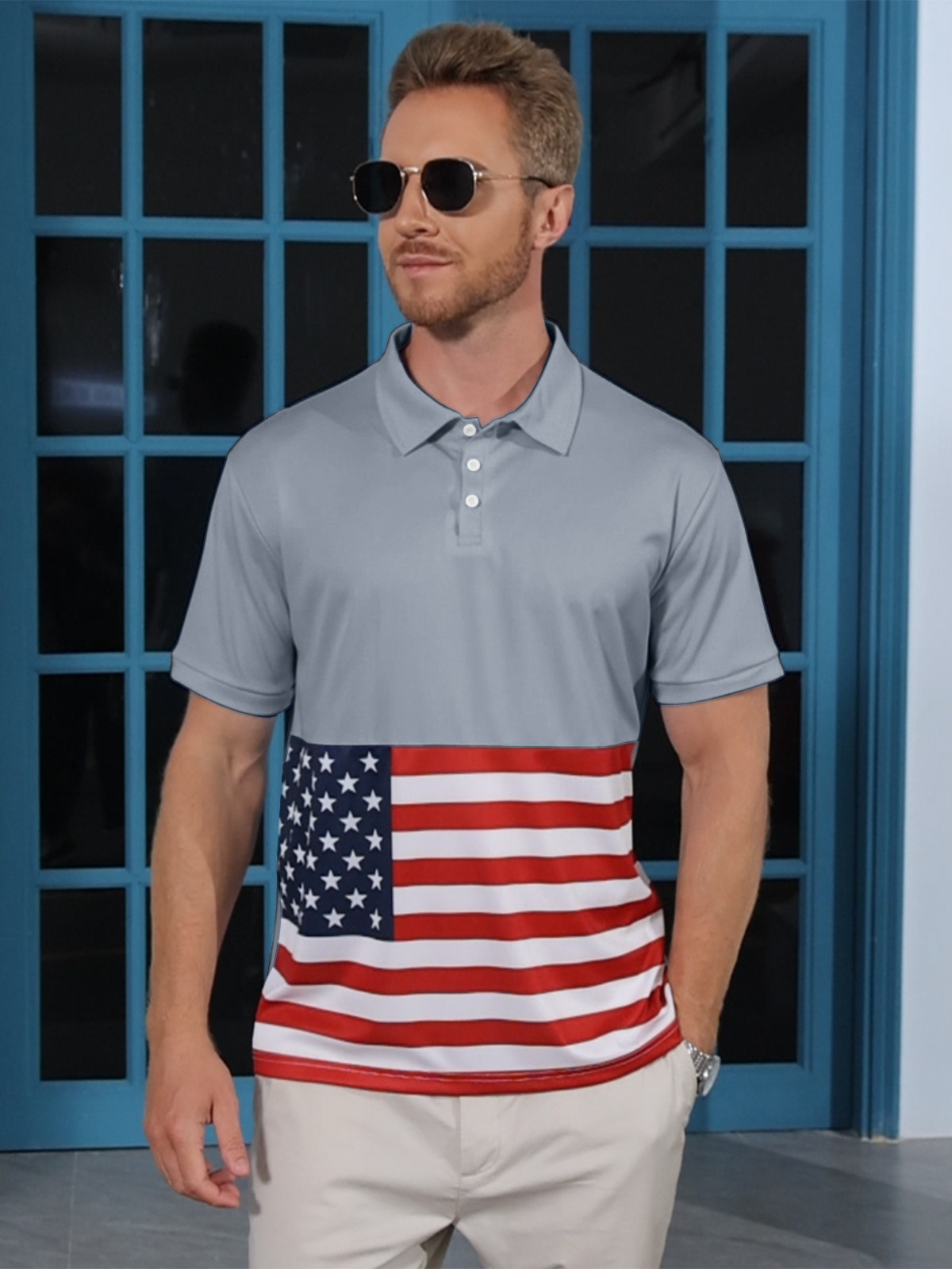 Europa y los Estados Unidos Amazon Hot Sale hombre botón de color coincidente camisa de polo de verano impresa con bandera nacional