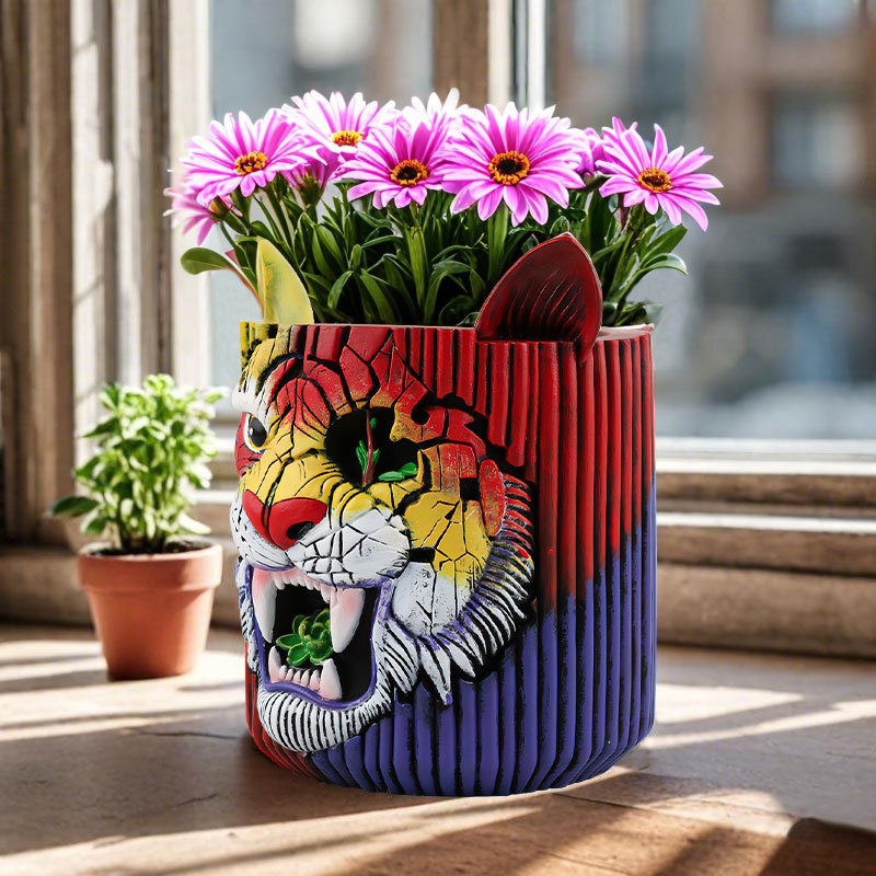  New Creative Colorful Tiger Resin Flower Pot Home Desktop Balcony Hand-painted Art Tiger Face Flower Pot Ornaments