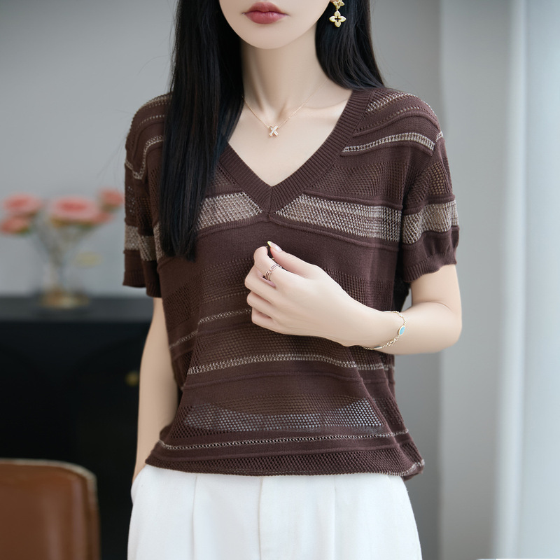 V-Neck Short-Sleeved Knit Shirt for Women, Summer Pearl Linen Striped Hollow-Out Thin Top with Three-Dimensional Texture and Color-Blocking Half-Sleeve T-Shirt V-Neck Short-Sleeved Knit Shirt for Women, Summer Pearl Linen Striped Hollow-Out Thin Top with Three-Dimensional Texture and Color-Blocking Half-Sleeve T-Shirt