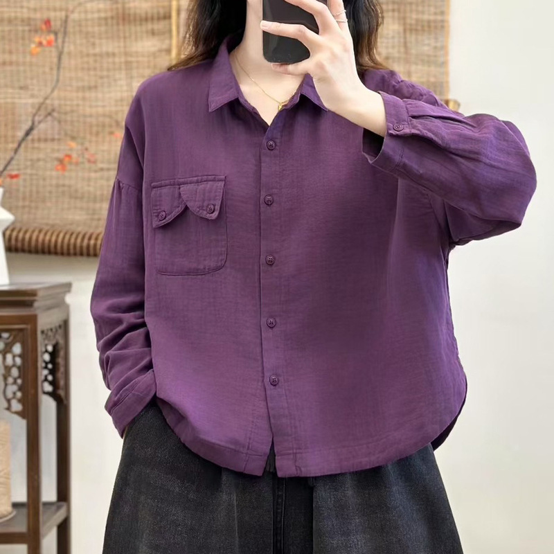 日韩双层棉纱纯色衬衫宽松文艺翻领衬衣开衫休闲百搭上衣女装|undefined