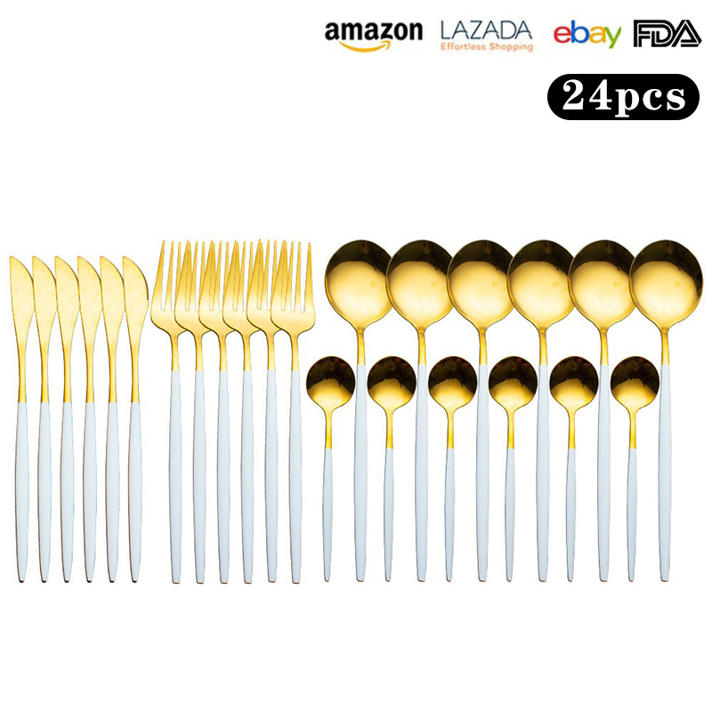 Transfronterizo de Amazon 24 piezas de acero inoxidable traje de vajilla Portugués Occidental cuchillo de carne, tenedor y cuchara de titanio chapado en oro cuchara
