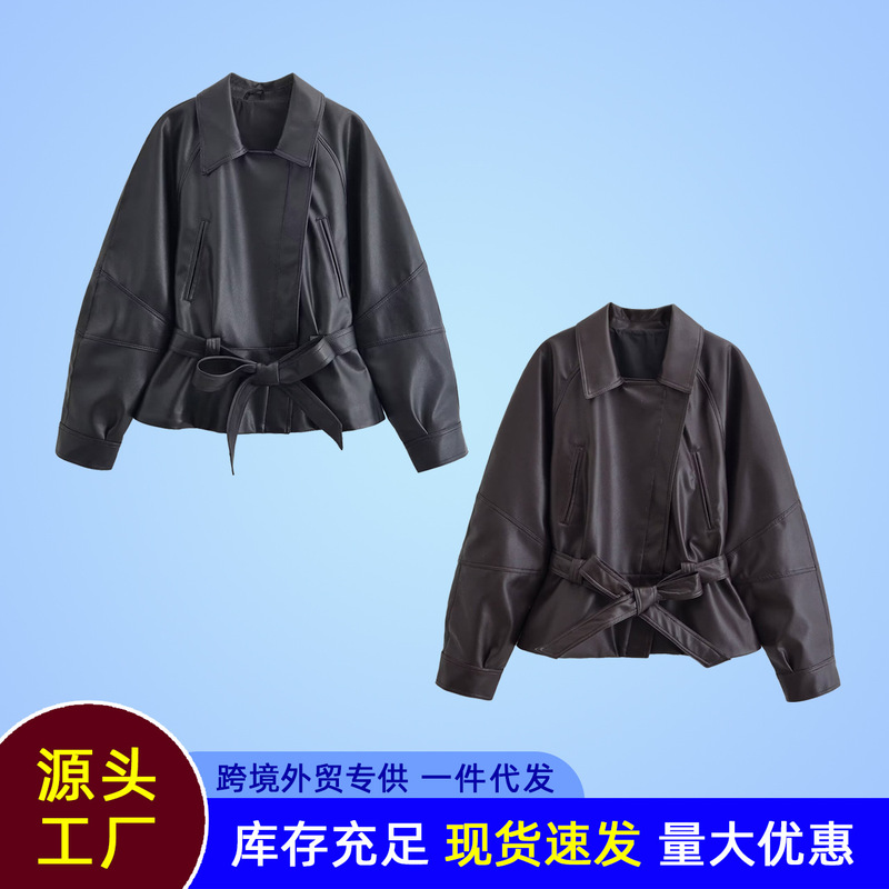 2026 Aliexpress European and American Cross-Border Za Women's Clothing American Old Money Style Black Motorcycle Lace-Up Faux Leather Jacket Coat 2026 Aliexpress European and American Cross-Border Za Women's Clothing American Old Money Style Black Motorcycle Lace-Up Faux Leather Jacket Coat