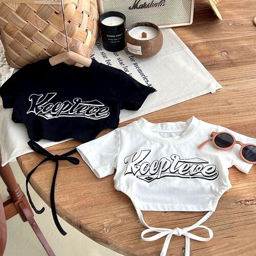 Girls 23 summer short-sleeved T-shirt baby girl hip-hop jazz dance short waist straps fashionable top trendy 0015