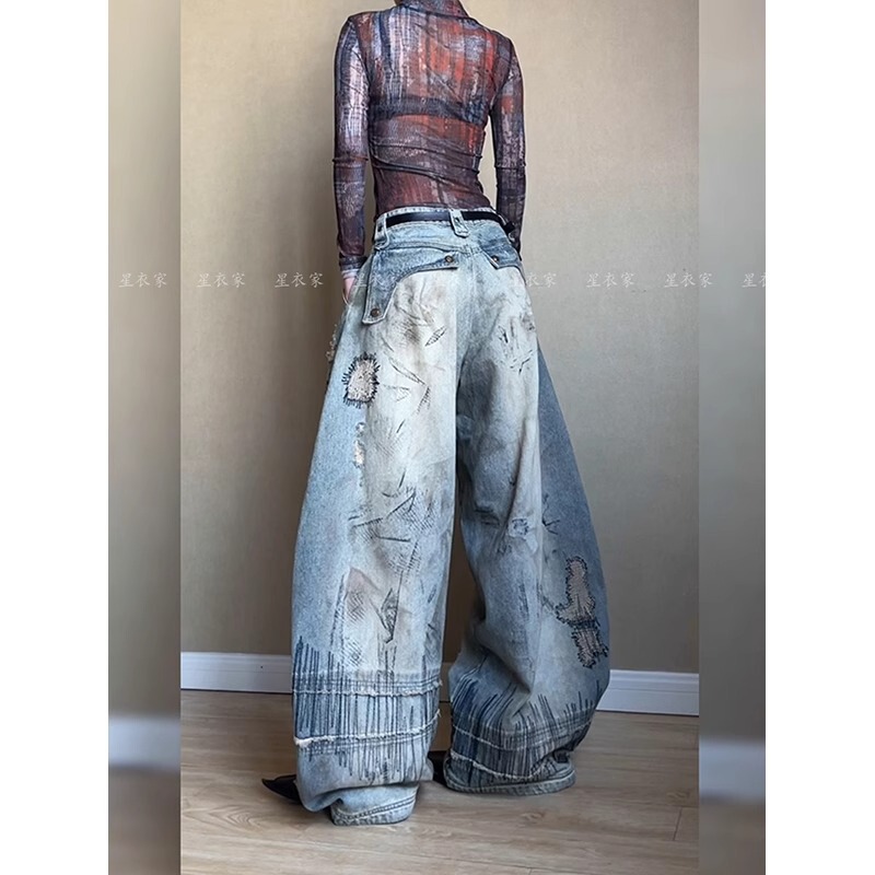 アメリカンレトロな古い汚れのあるカーブスミスジーンズ女性用2025夏ホットガール乱針刺繍フロアレングスパンツ|undefined