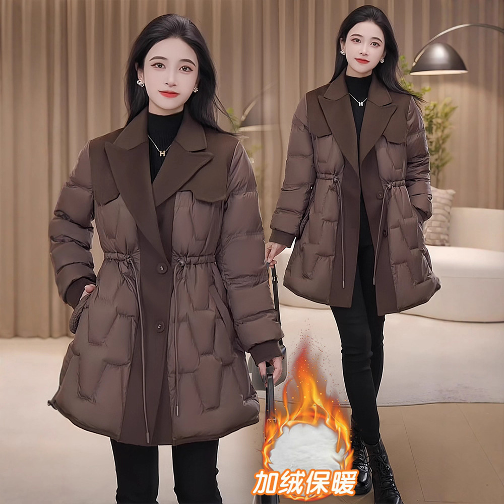 西装领羽绒棉服保暖外套女2025冬装新款小个子中长款加绒加厚棉衣