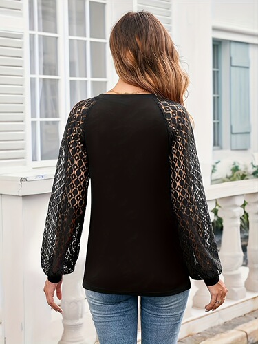 Spring and Autumn Large Size Women's Lace Sheer Round Neck Top Direct Factory Wholesale
