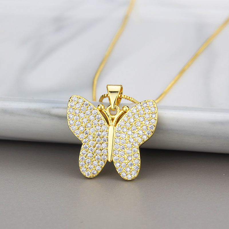 simple full diamond butterfly zirconium copper pendant necklace