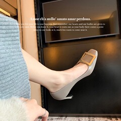 葡萄媽 法式氣質晚風方扣真皮細高跟方頭淺口通勤單鞋女秋冬