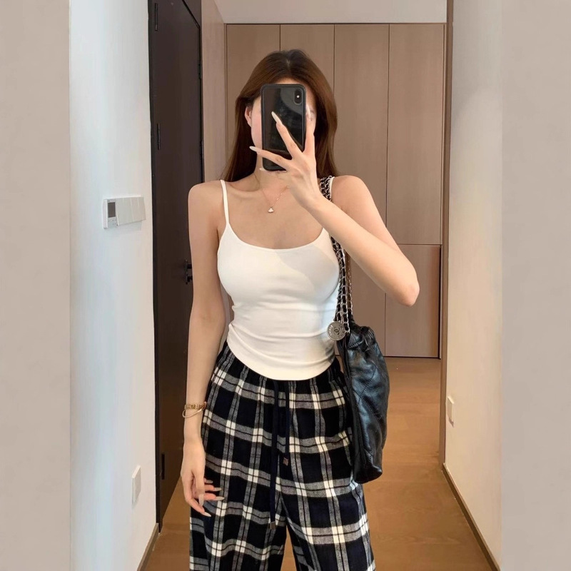AY94 3D立体模杯胸垫一体超弹力细肩带辣妹蝴蝶结露背吊带背心|undefined
