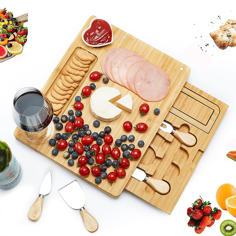 Tablero de cortar de bambú Tablero de queso multifuncional con cuchillo y tenedor Tablero de corte doméstico Bandeja de postre de frutas de fiesta