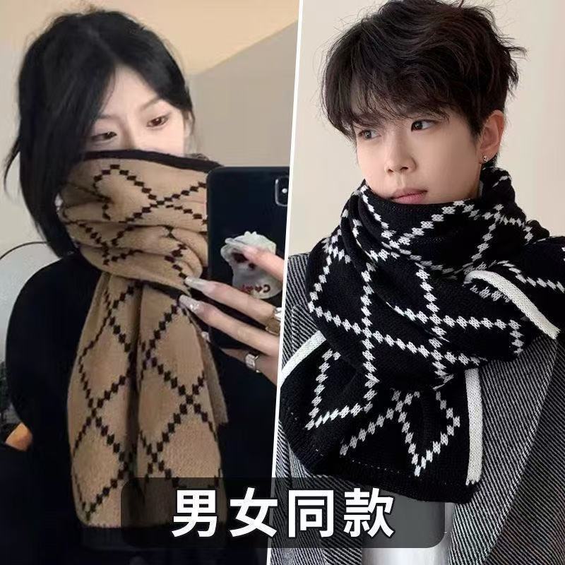 겨울 남녀공용 니트 목도리 체크 자수 데일리 방한 머플러