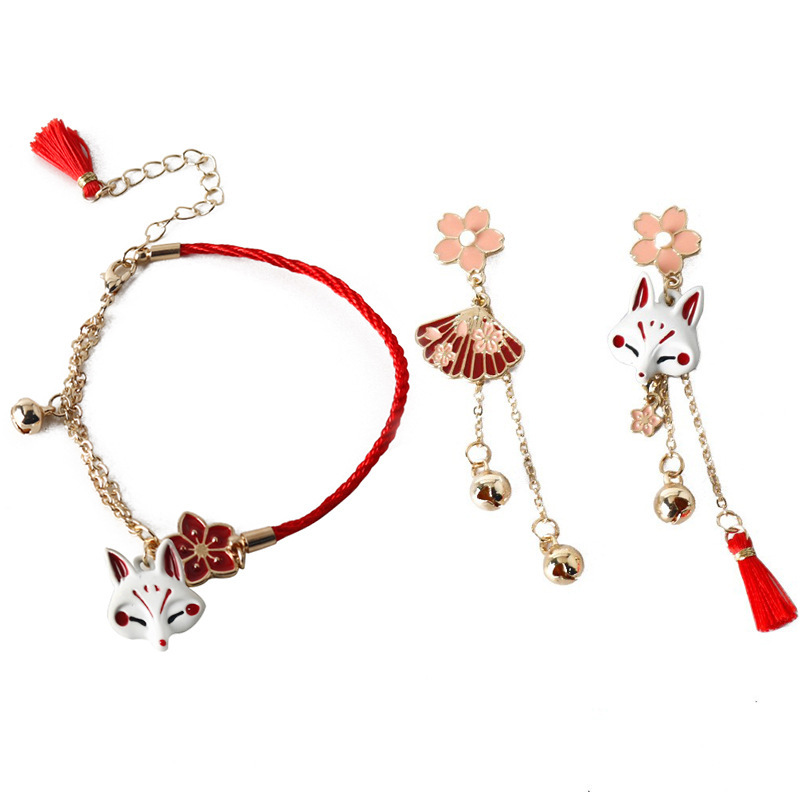 Spring Festival Festive Accessories Red Lucky Cute Fox Flower Fan Tassel Earrings Red Rope Bracelet Bracelet
