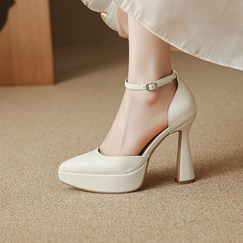 Giày sandal cao gót Mary Jane cô dâu gót vuông đế platform hở mũi — màu đen, màu trắng ngà