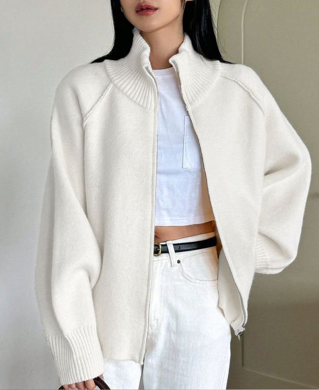 跨境慵懒风毛衣外套女2025秋冬新款韩系纯色立领拉链针织开衫外套|undefined