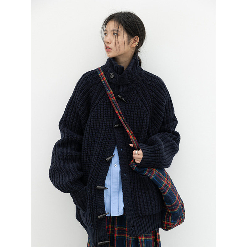 All-Wool Navy Blue Chunky Knit Cable Pattern Cardigan Sweater with Horn Buttons, Women's Turn-Down Collar, Warm Winter Coat 33m023