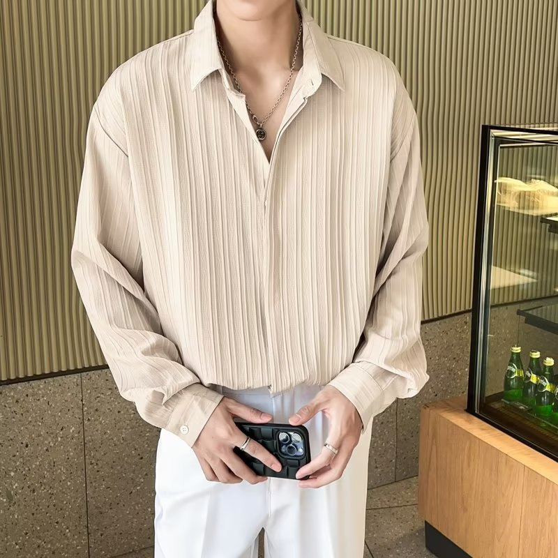 Texture design pleated texture men's long-sleeved shirt loose non-ironing draping spring and summer sun protection white light luxury Advanced Texture design pleated texture men's long-sleeved shirt loose non-ironing draping spring and summer sun protection white light luxury Advanced