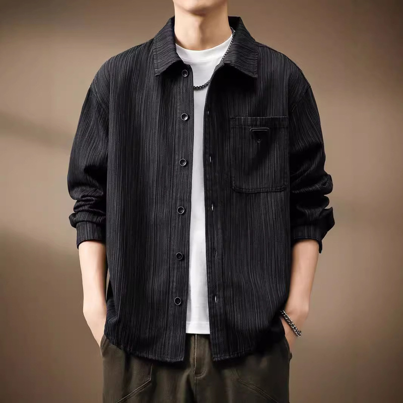 High-End Japanese Style Bamboo Pattern Shirt Jacket Men's Autum Loose Large Size Retro Top Workwear Long-Sleeved Shirt