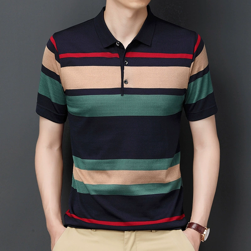 Новый стиль в полоску трикотажная рубашка POLO мужской 2024 летний новый стиль бизнес повседневный средний и пожилой мужчина тонкая футболка мужской