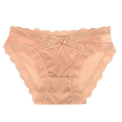 Sexy French Silk Satin Ice Silk Panties Women's Sexy Mid Waist Panty Netting Lace Pure Desire Temptation Girl Triangle Panties 