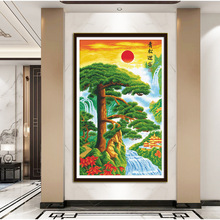 新款十字绣青松迎客入户玄关挂画迎客松竖版风景客厅装饰手工刺绣