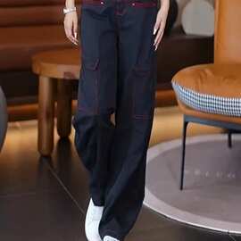 撞色工装牛仔阔腿裤2025秋冬季新款高腰显瘦宽松加绒拖地直筒裤潮