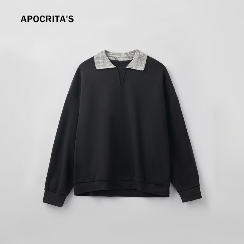 APO | クロスボーダーメンズスウェットシャツトレンディな秋のコントラストカラーステッチラペル長袖Tシャツルーズインナートップ|undefined