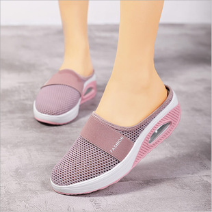 2021 Summer Height Increasing Viscose Mesh Shoes Adult Spot Breathable Casual Heel-free Slip-on Lazy Half-support Shoes