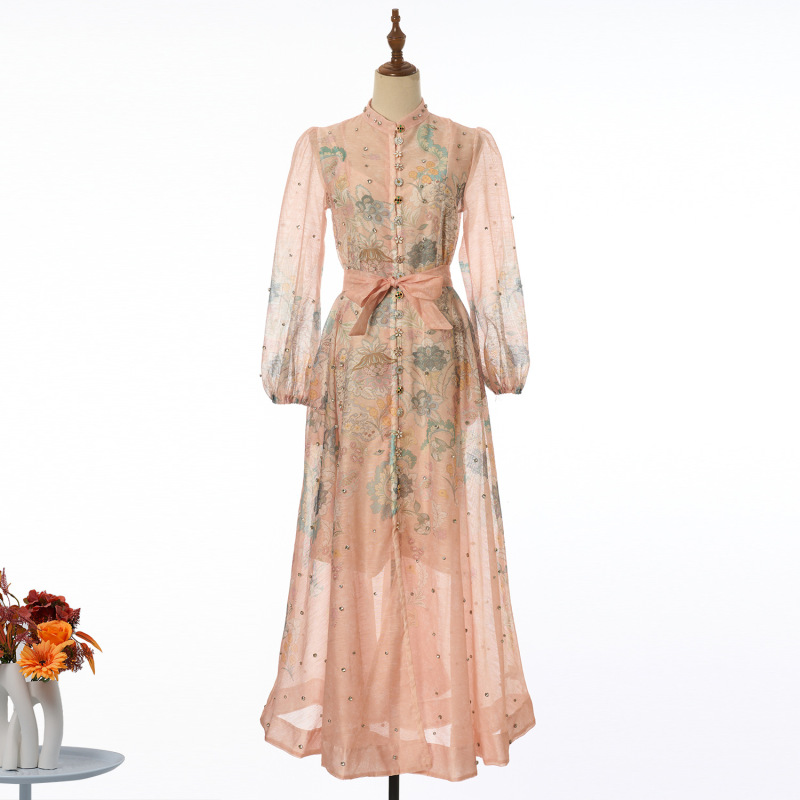 Women's Cross-Border Fashion Printed Long-Sleeve Flared Dress with Tie Waist, Slimming Effect, and Rhinestone Embellishments