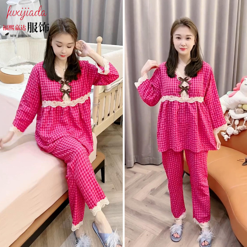 2025 New Pajamas for Women, Sweet Princess Style Pullover V Neck Plaid Fashionable Home Wear Set That Can Be Worn Outside