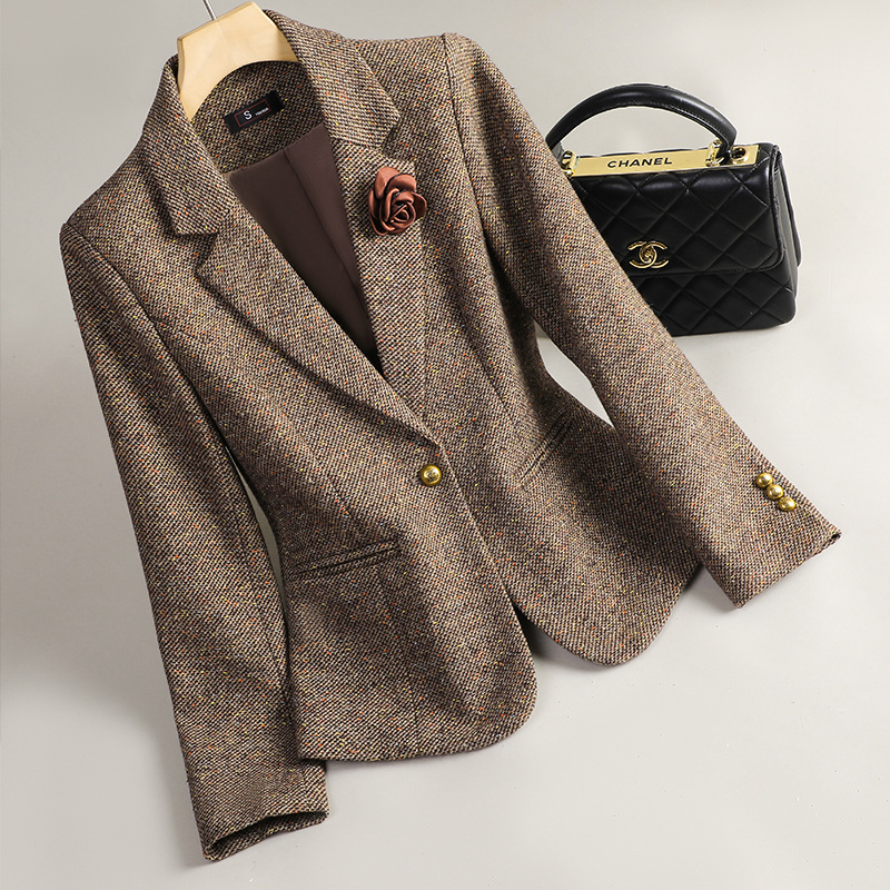 Elite woolen demi-season elegant short fitted classic suit jacket