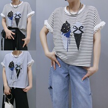 乘法   韩国东大门代购夏季蝴蝶结珍珠甜筒条纹T恤bn0512