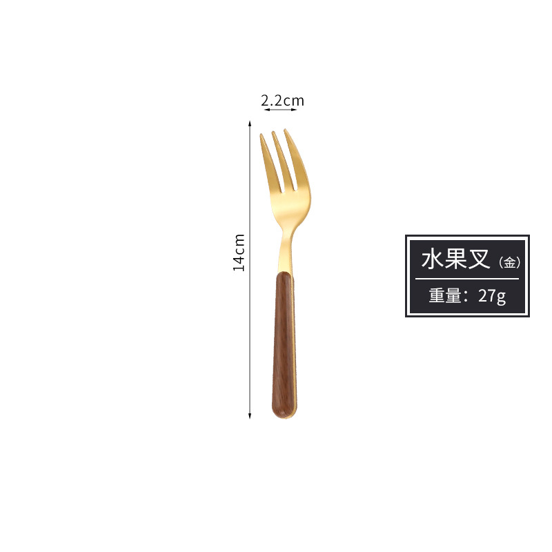 Celebridad de Internet transfronteriza ins imitación mango de madera filete cuchillo de acero inoxidable, tenedor y cuchara grano de madera Hotel cuchara chapada en oro vajilla de acero inoxidable