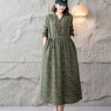 春新款女装文艺小清新花边领碎花长袖连衣裙棉麻叠穿打底长裙批发