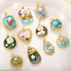 フランスモネガーデン油絵風花天然真珠ドリップオイル銅色保存ネックレスペンダントシングルペンダントアクセサリーペンダント
