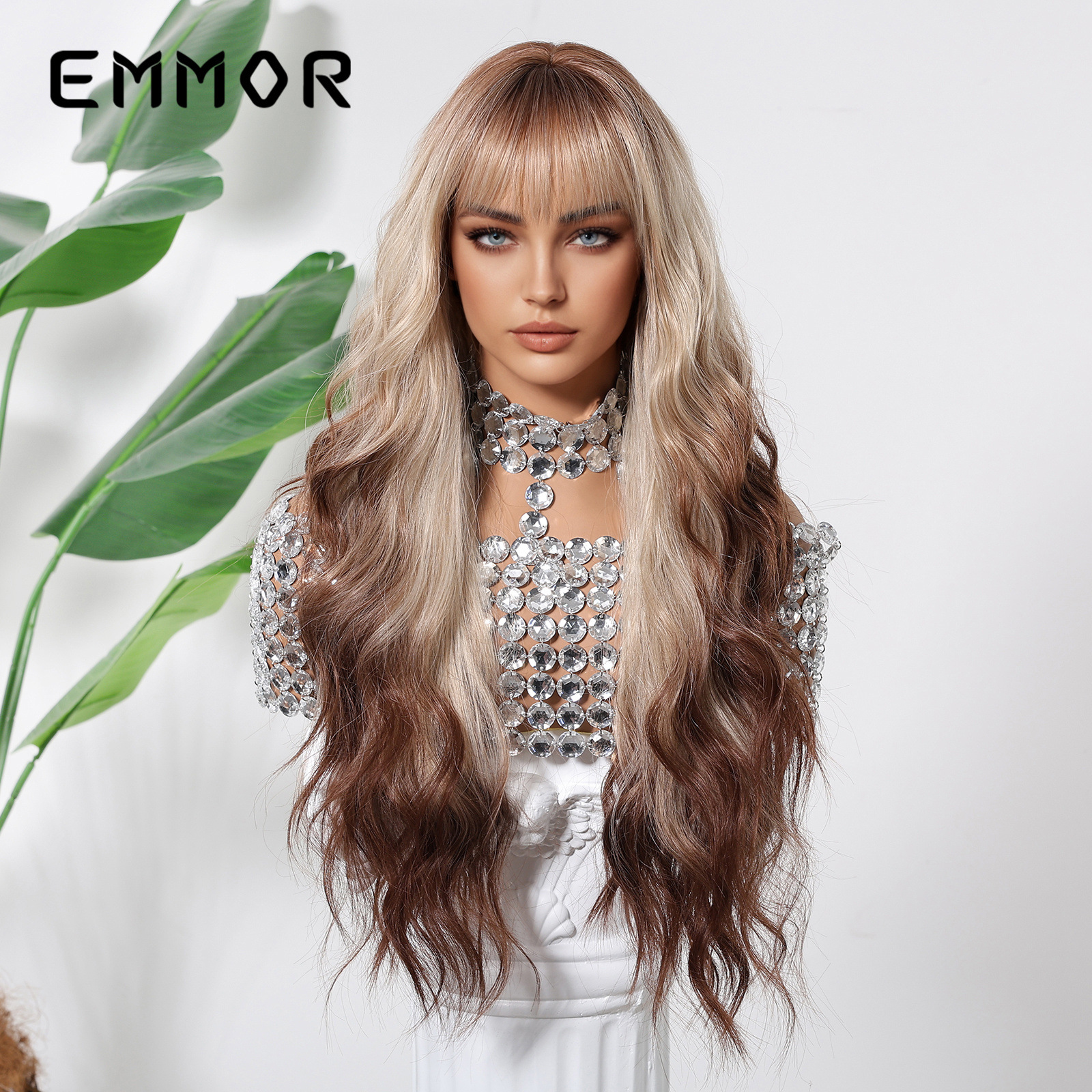 Venta caliente París pintura tinte celebridad de Internet peluca de moda flequillo de aire pelo largo y rizado ola grande gradiente dorado todo cubierta mujer