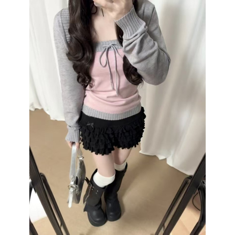 26~New Spring Soft Mist Gray Pink Tube Top with a High-End Feel, Color-Blocking Gentle Knit Sweater Two-Piece Set for Women
