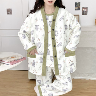 Pajamas women's autumn and winter air cotton interlayer sweet extra large size fat MM300 kg home clothing suit 30050-66