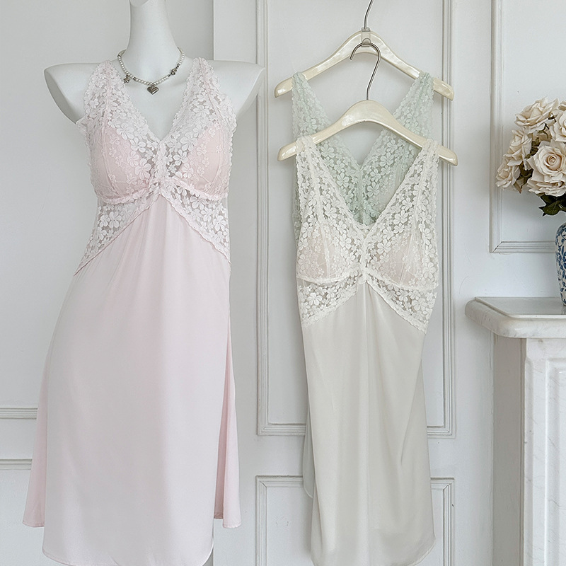 Lace Wide Shoulder Strap Flower Nightgown Sexy Pure Lust Style Women's Ice Silk Silk Spring and Summer Comfortable Home Wear Set