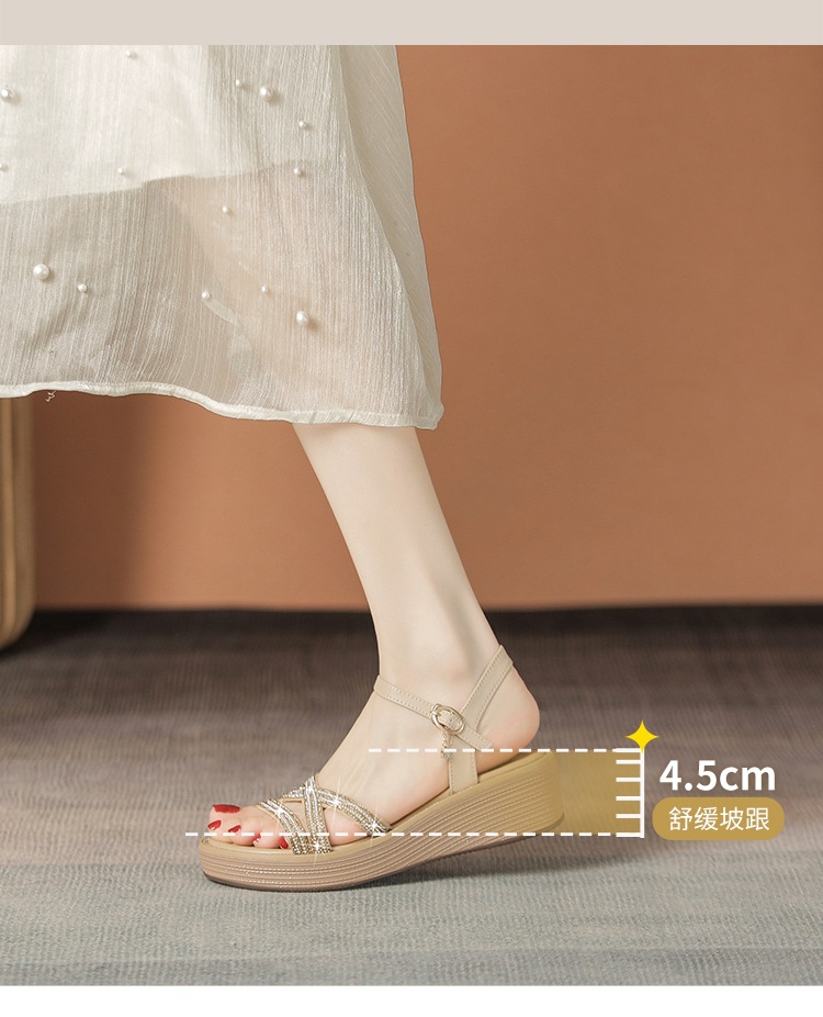 Sandal cao gót nữ đính đá phong cách La Mã, đế xuồng thoải mái — AY161 Trắng be chi tiết 6
