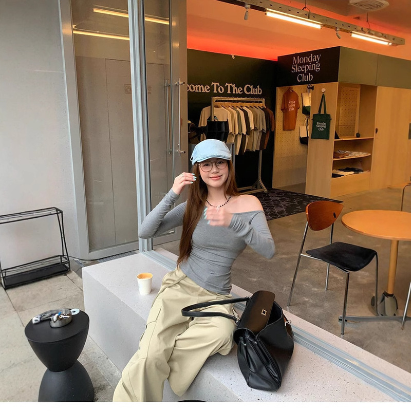 Pure Spice Girls Slim-Fit Slimming Shoulder Long-Sleeved T-Shirt Women's Early Autumn Niche Design Sense All-Match Base Shirt Top