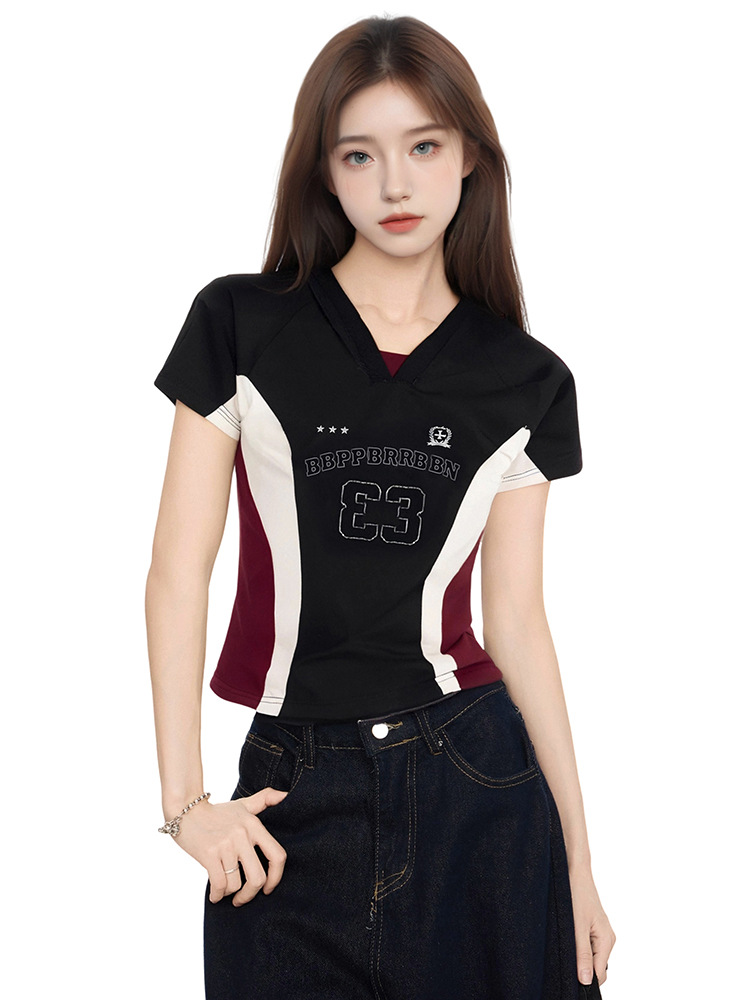 アメリカンホットガールブラックショルダーVネック半袖Tシャツレディース夏スリムフィットデザインスポーツジャージショートトップ