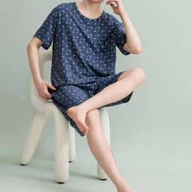 男士40支棉绸睡衣睡衣夏季短袖短裤开衫圆领宽松家居服两件套批发