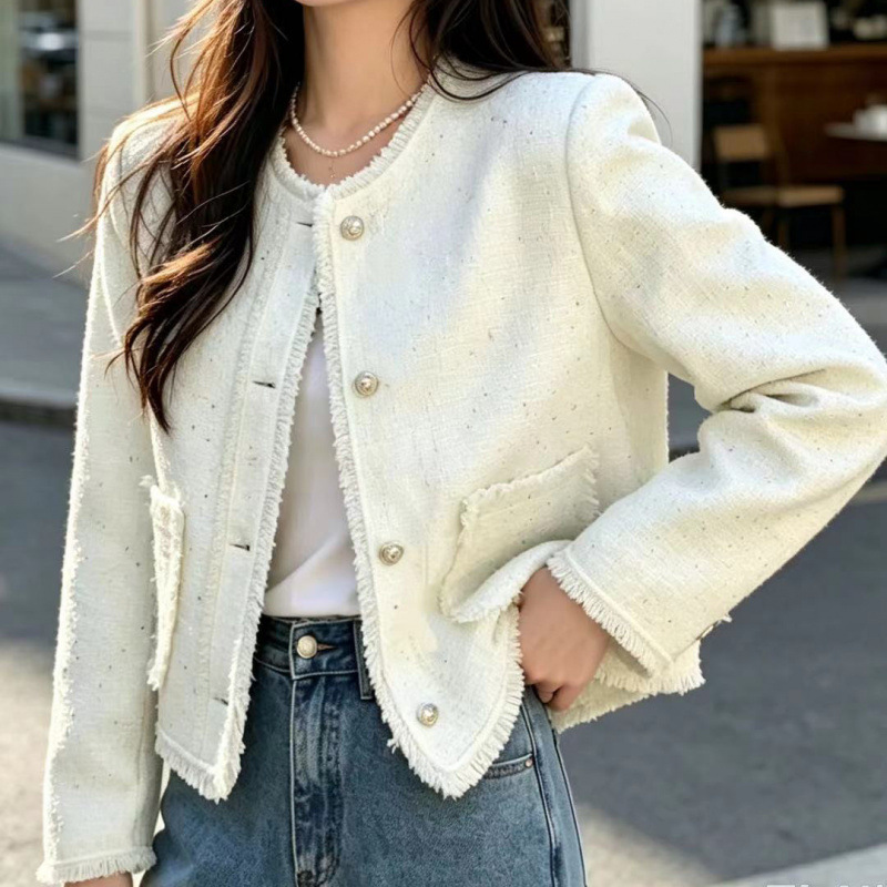 Sweet and elegant Korean fashion tweed frayed long-sleeve Chanel-style cardigan jacket coat Korean version coat Sweet and elegant Korean fashion tweed frayed long-sleeve Chanel-style cardigan jacket coat Korean version coat