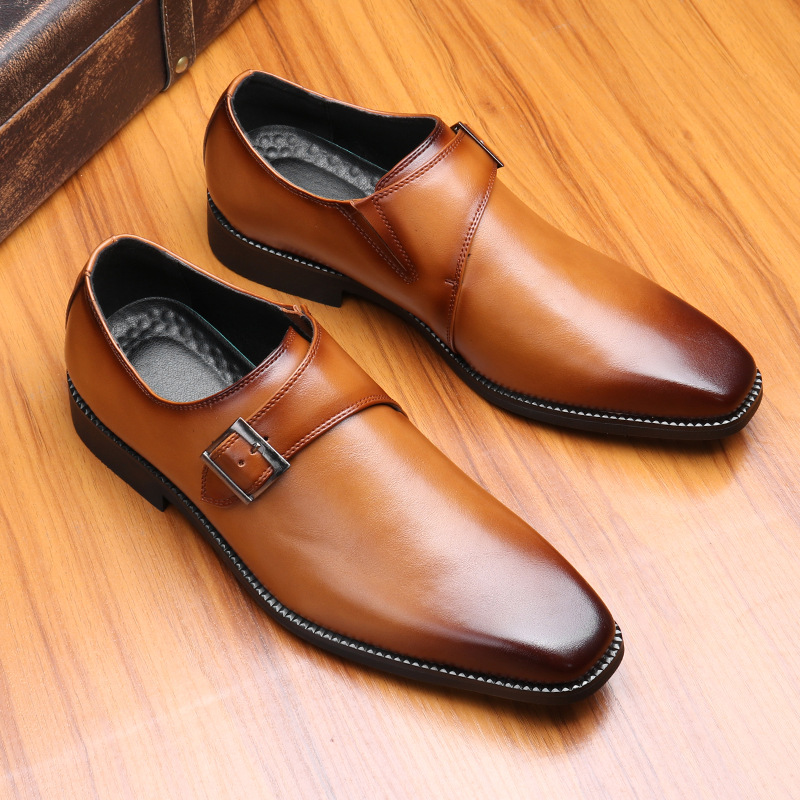 Business leather shoes square head dress casual shoes low top wipe color leather buckle cover foot_vogvips.com