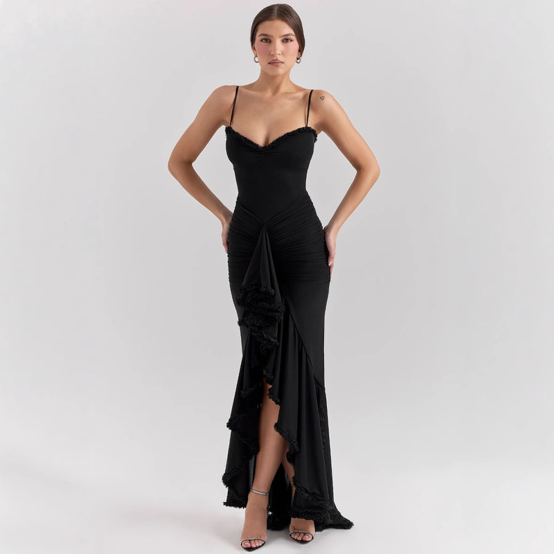 Europe and the United States cross-border INS style sexy Amazon new sling solid color V-neck high elastic net slim long dress