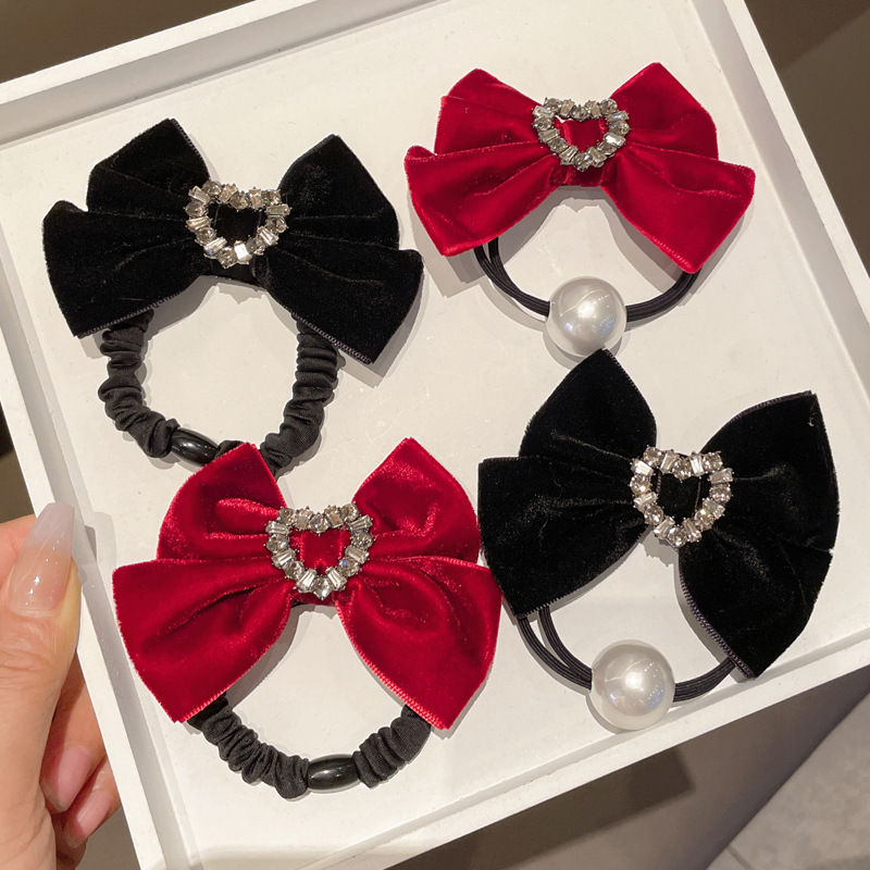網紅新款絲絨水鑽蝴蝶結髮繩新年扎馬尾橡皮筋發圈女高級感頭繩廠