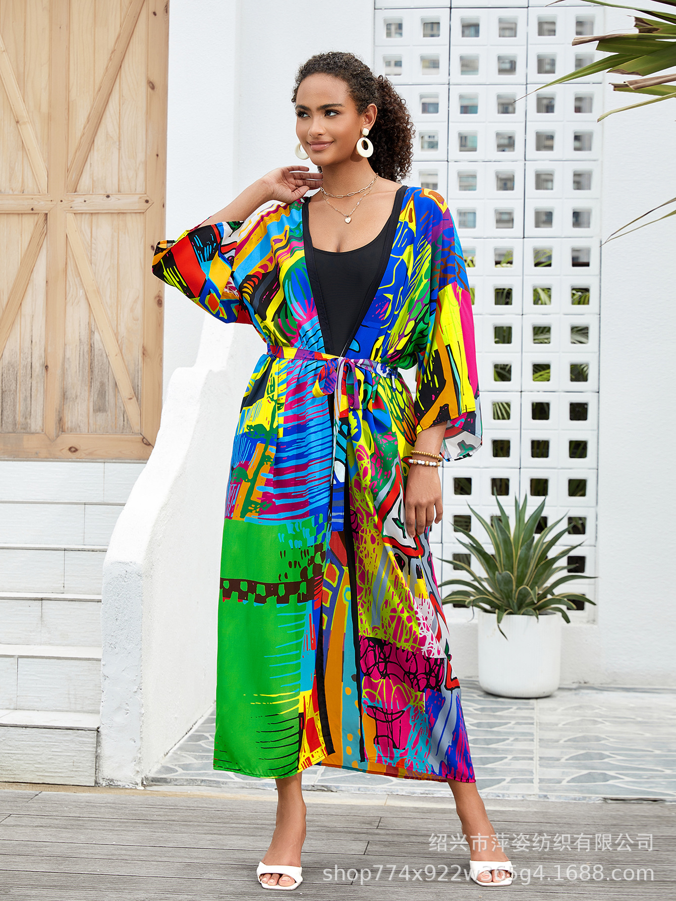 Blusa de playa Cárdigan con estampado de rayón Cárdigan largo bohemio Bikini Protector solar Camisa en traje de baño B006