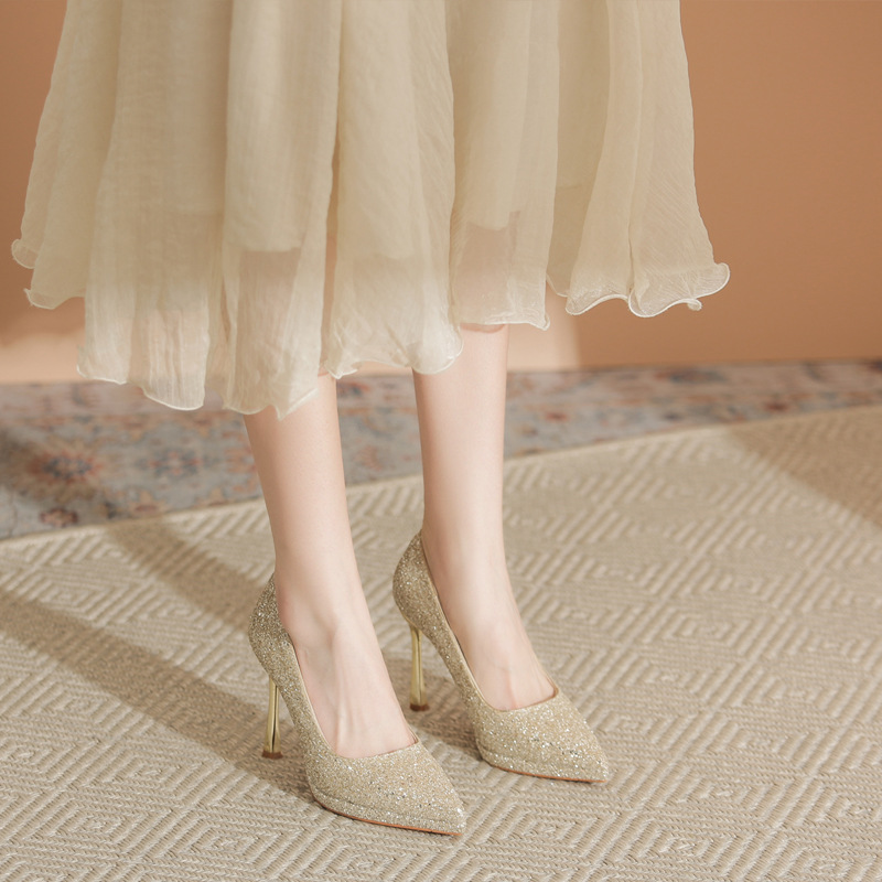 French Style Champagne Color Waterproof Platform High Heels Women's Xiuhe Wedding Dress Crystal Sequins Wedding Shoes Stiletto Heel Shallow Mouth Simple Single-layer Shoes